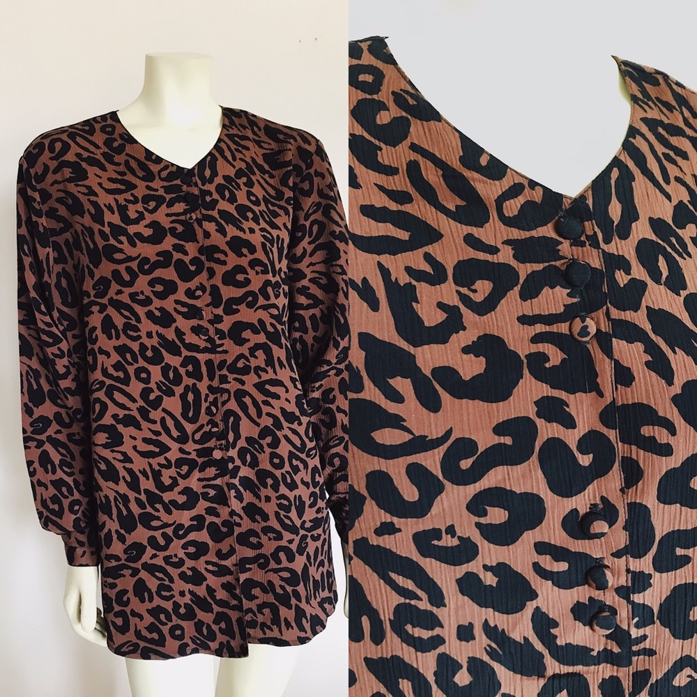 Vintage Leopard Print Button Up Oversized Blouse - image 1